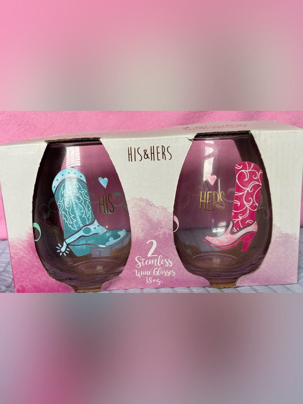 Stemless country, boot Wine Glasses - Pink & Teal